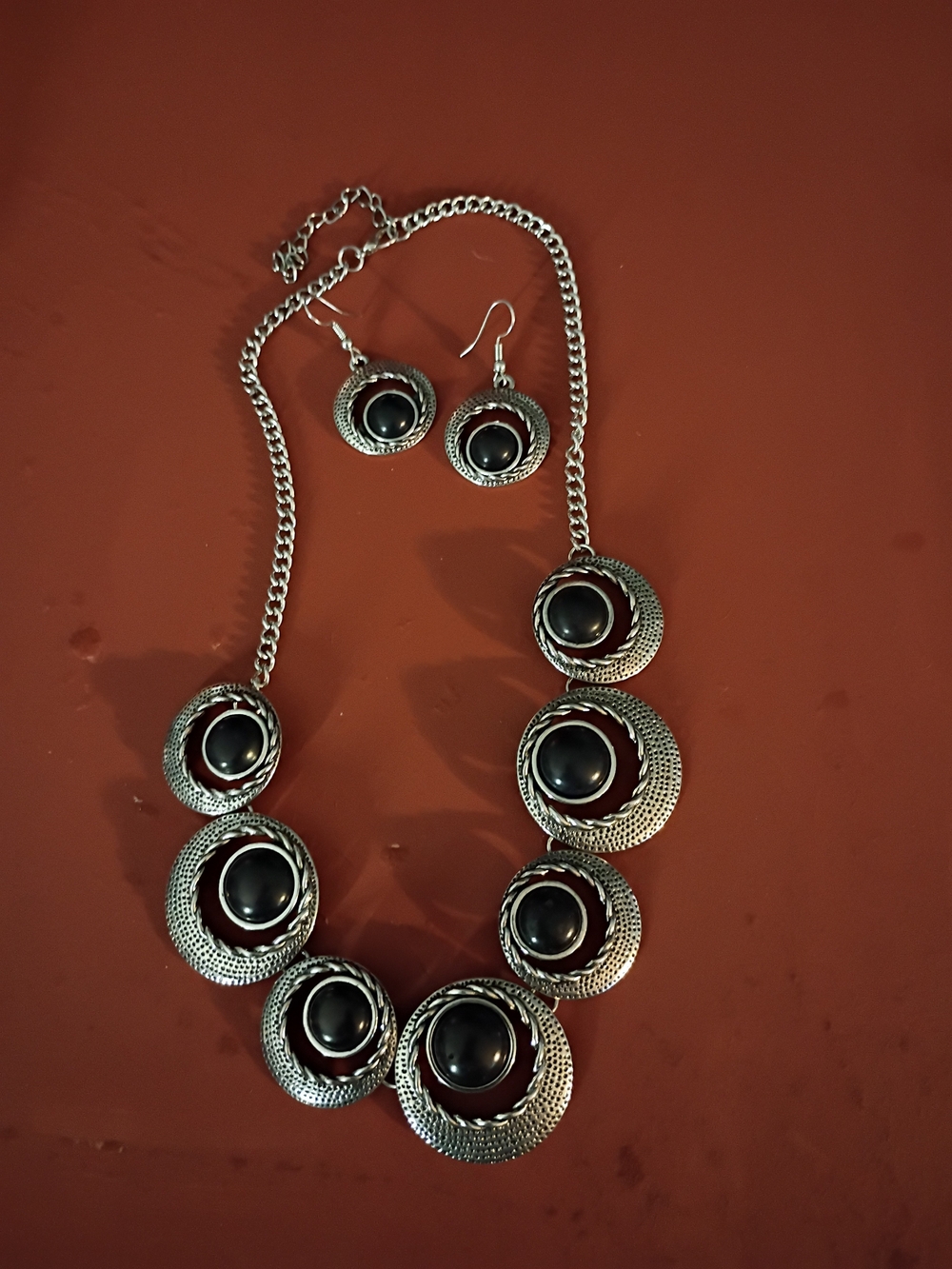 paparazzi Silver and Black Round Statement Necklace with Matching Earrings